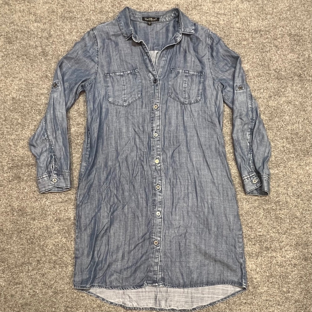 Velvet Heart Shirt Dress Womens S Blue Tencel Chambray Roll Tab Sleeve